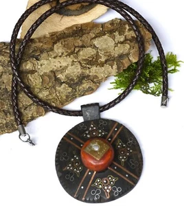 Tuareg Schmuck Lederkette Ebenholz Amulett echt Silber Bronze Kupfer Inlays Mali - Bild 1 von 5