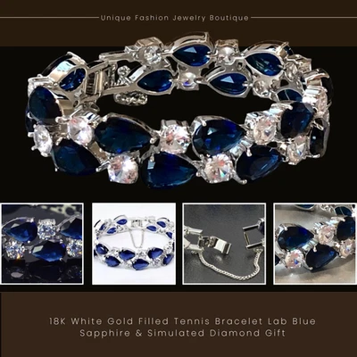 "Brazalete de tenis relleno de oro blanco de 18 quilates zafiro azul y diamante regalo nupcial 7,5""" Foto 1 de 4