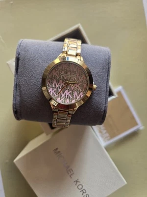 Michael Kors Slim Runway Womens Watch Pave Crystals MK Logo Dial Gold  - Image 1 of 4