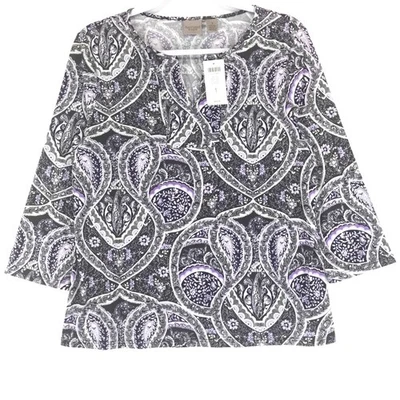 Chicos Easywear Women's 1 (M) Top Purple White Black 3/4 Sleeve Pullover NWT - Image 1 of 4