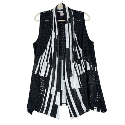 Chico's Negro Blanco Rayas Encaje Frente Abierto Sin Mangas Chaleco Cárdigan Para Mujer Foto 1 de 4