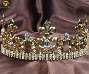 2 Colors Men's Imperial Medieval Crystal Fleur De Lis King Crown Wedding Tiaras - Picture 1 of 15