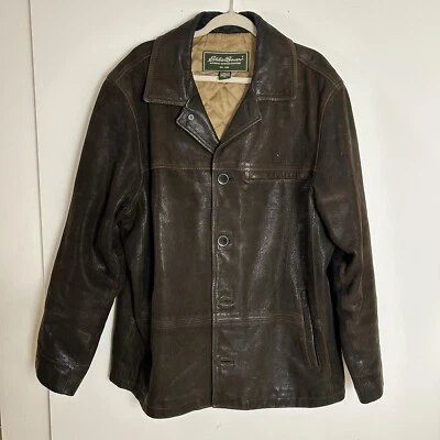 Vintage Eddie Bauer Men’s XL Leather Car Coat Chore Jacket Brown Quilted Lined - Image 1 of 4