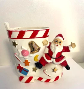 Vintage Natale Ceramica Babbo Natale Stivale Statuina Fioriera Vaso Giappone Royal Sealy - Foto 1 di 3