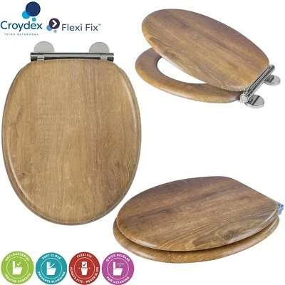 Croydex Ontario Soft Close Heavy Duty Toilet Seat Flexi-Fix Fittings - Teak