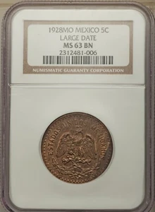 MEXICO ESTADOS UNIDOS 1928 5 CENTAVOS COIN CERTIFIED UNCIRCULATED NGC MS63-BN - Picture 1 of 2