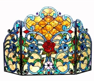 Fireplace Screen Floral Victorian Tiffany Style Stained Glass 3 Piece 28 x 44 - Picture 1 of 3