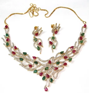 7.94ct Natural Round Diamond 14K Yellow Gold Ruby Emerald Wedding Necklace Set - Picture 1 of 11