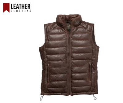 Men's Quilted Puffer Vest-Real Lambskin with Wax Brown Motorcycle-Inspired Flair - Image 1 of 4