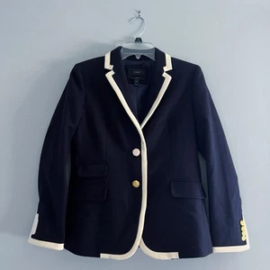 J.Crew Tipped Hacking Jacket Wool Blazer Navy Blue Ivory Size 10P Preppy Money - Picture 1 of 6
