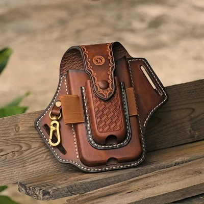 TOURBON Leather Cell Phone Holster Flashlight Pouch Case Multitool Belt Sheath - Image 1 of 4