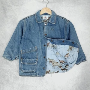 Vintage Denim Barn Coat Boys Medium Blue Horse Print Lined Western 90s - Picture 1 of 24