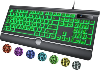 Large Print Backlit Computer Keyboard, 7-Color Backlit Keyboard with Wrist Rest, - Image 1 of 4