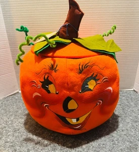 1994 Annalee Halloween Kürbis Filz Süßigkeiten Halter mit Deckel & Box 14" - Bild 1 von 9
