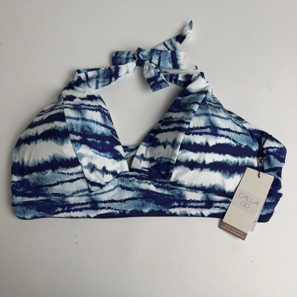 CALIA Womens Blue Watercolor Stripe Halter Bikini Top Medium Support Size 2X