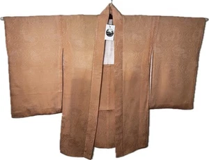 Japanese Pure Silk Nagasode Haori, Peach Pink with Floral Brocade, Vintage - Picture 1 of 10