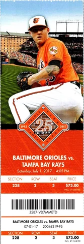 TICKET - Baltimore Orioles vs Tampa Bay Rays (July 1 2017) Kevin Gausman Cover