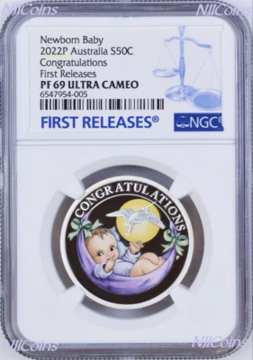2022 P Australia PROOF COLORIZED Silver Newborn Baby NGC PF69 1/2oz 50c Coin FR - Image 1 of 4