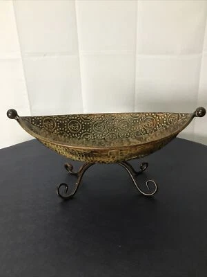 Rustic Tin Oval Hammered Bronze Like Pattern Tall Metal Holder Display Decor - Image 1 of 4