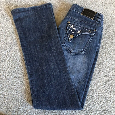 Jeans acampanados con tachuelas y2K rojos remaches Junior’s 5 azules denim tiro bajo occidentales resistentes Foto 1 de 4