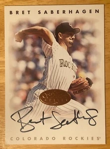 Hand SIGNED Bret Saberhagen 1996 Leaf Trading Card - Colorado Rockies - RHP - Picture 1 of 4