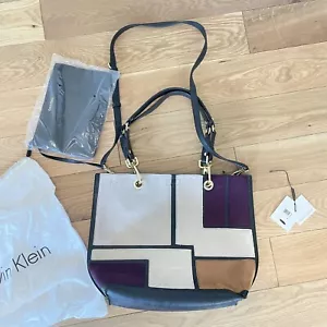 NWOT Calvin Klein Leather Suede Reversible Tote Purse Plum Purple Fall Bag Black - Picture 1 of 9