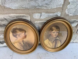 2 Antique Framed Picture Boy & Girl Peter & Charlotte Portrait Gilt Wood 14x12 - Picture 1 of 11