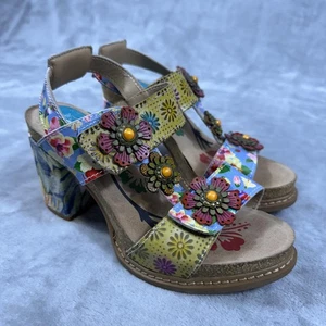 L'Artiste Shoes Womens Size 36 Floral Block Heel Sandal Slingback Leather - Picture 1 of 12