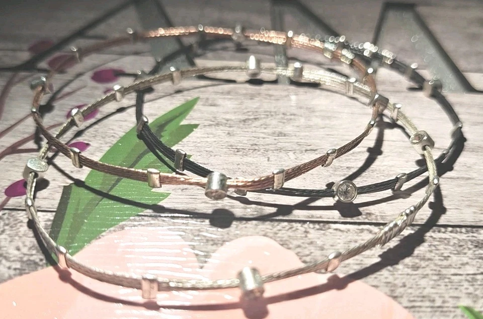 VTG Cable Wire Bracelet Set  Rhinestone Memory Wire Bangle Stack - Image 1 of 4