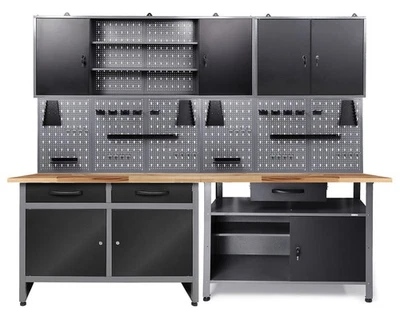 Ondis24 Werkstatt Set 240cm 2x Werkbank Metall 2x Werkzeugschrank Lochwand Haken - Bild 1 von 4