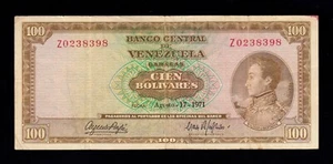 F.C. VENEZUELA , 100 BOLIVARES 1971 , MBC- ( VF ) , PICO MANCHADO , P.48h . - Imagen 1 de 2