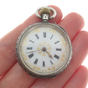 935 Silver Antique Switzerland White & Gold Dial Ladies Pocket Watch #23874 - Picture 1 of 9