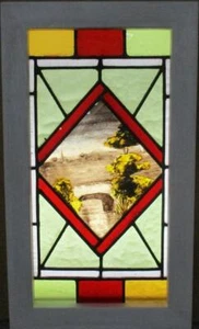 OLD ENGLISH LEADED STAINED GLASS WINDOW Hand Painted Scene 11.25" x 19.75" - Picture 1 of 4