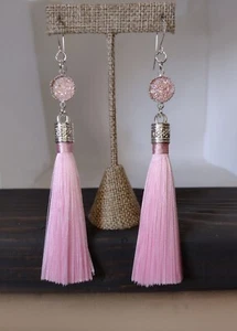 Boho Baby Pink Simulated Agate Druzy Quartz Chandelier Dangle Tassel Earrings - Picture 1 of 3