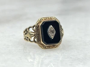 Vintage 14K Yellow Gold Black Onyx & Diamond cameo Filigree Art Deco Ring - Picture 1 of 4