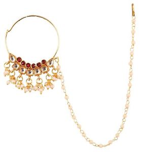 Traditional Bridal Kundan Polki Look Red Nose Ring With Pearly Chain