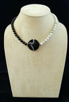 Colar preto branco ônix Howlite prata 925 ajustável feito à mão EUA - Imagem 1 de 3