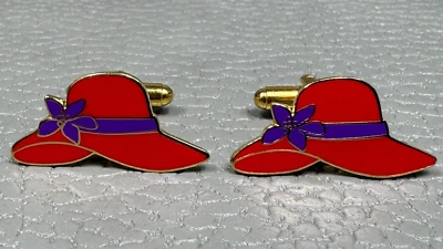 Contemporary Red Enamel Figural Hat Yellow Gold Plated Cuff Links - Image 1 of 3