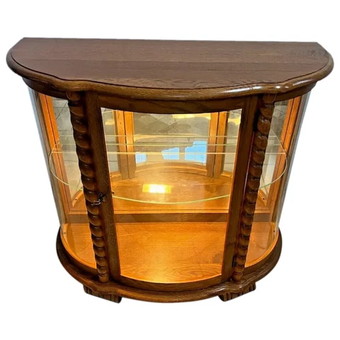 China Cabinet Curved Locking Glass door shelf, Barley Twist Trim Curio Console Cover