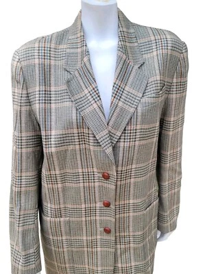 LAUREL BLAZER Lana Virgen Tartán Cuadros Azul Marrón Talla 42 EE. UU. 8 Botones Cuero Foto 1 de 4