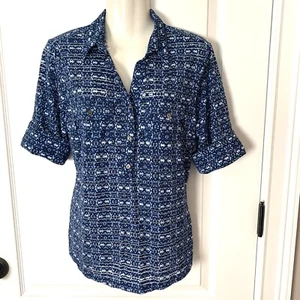 Cathy Top Women’s Small  No Iron Shirt Packable Travel Blue Print Blouse - Picture 1 of 8
