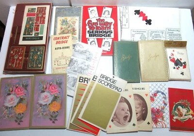 Vtg Mixed Lot Bridge Playing Cards Score Pads Table Cover Harry Lampert Book - Image 1 of 4
