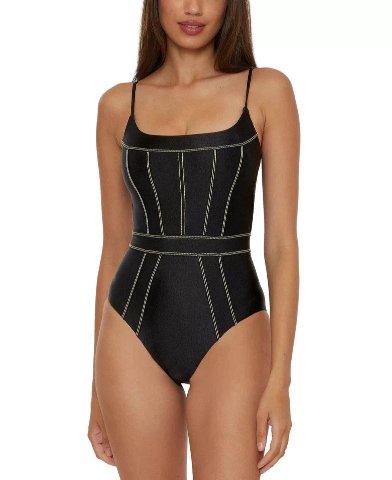 Becca L122724 Black Color Sheen Corset-Seamed One-Piece Swimsuit Size L