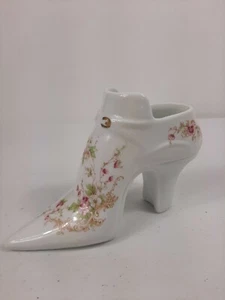 VINTAGE HANDPAINTED FLORAL PORCELAIN ANKLE HEEL SHOE VASE - Picture 1 of 8