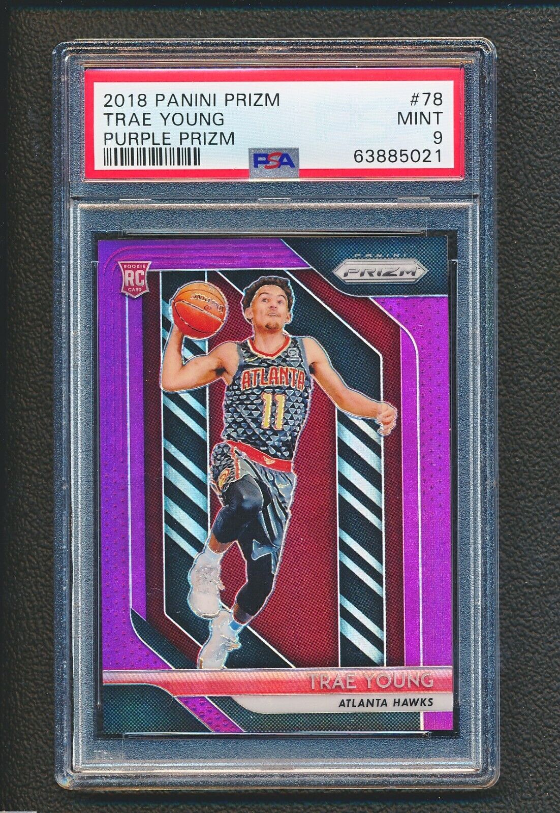 2018-19 Prizm #78 Trae Young Rookie Purple RC 75/75 PSA 9 (Newton's Ring) 1C