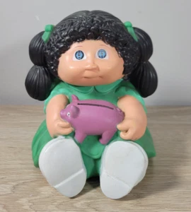 Vintage 1983 Cabbage Patch Kids Plastic Piggy Coin Bank - Black Hair Green Dress - Picture 1 of 6