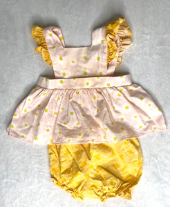 Ricrac & Ruffles 6/9M Pinafore Bloomer Pink Sunflowers Light Stains - Picture 1 of 2