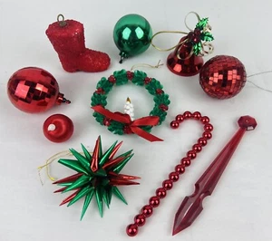 Vintage Christmas Ornaments 10pc MCM Retro Plastic Mix Lot Santa Boot Bell Balls - Picture 1 of 9