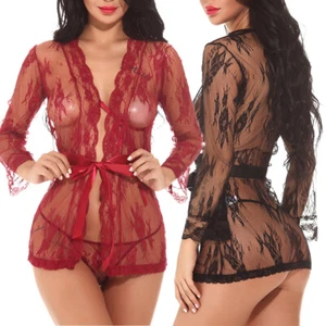 Women Sexy Lingerie Lace Sheer Kimono Robe Babydoll Nightwear Sleepdress Chemise - Picture 1 of 22