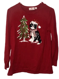 Quacker Factory Christmas Sweater Embroidered Kitty Cat with Sequin Tree Size XS - Picture 1 of 4